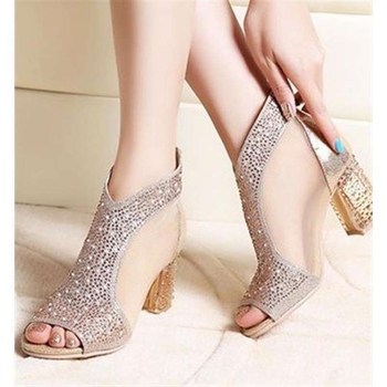 Σανδάλια με ανοιχτό μπροστινό μέρος και κρύσταλλα, φερμουάρ, διαπνέουσα PU επάνω, μεσαίο τετράγωνο τακούνι