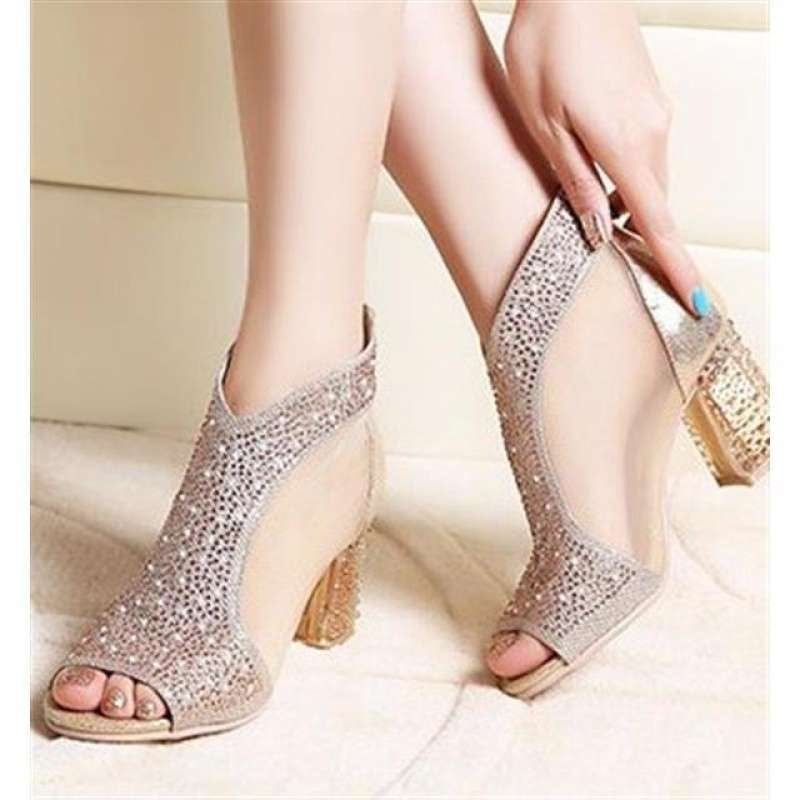 Σανδάλια με ανοιχτό μπροστινό μέρος και κρύσταλλα, φερμουάρ, διαπνέουσα PU επάνω, μεσαίο τετράγωνο τακούνι