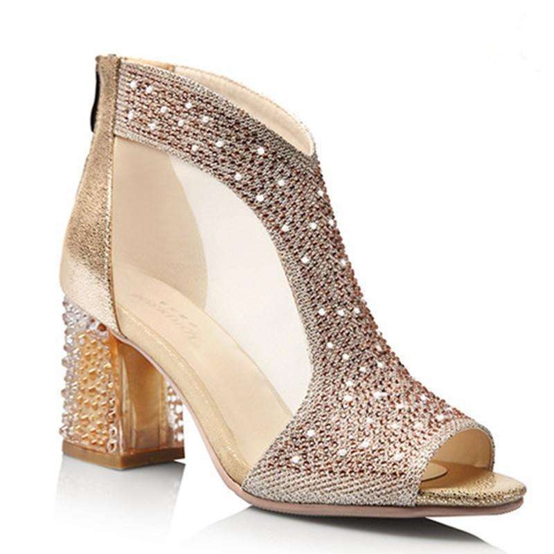 Σανδάλια με ανοιχτό μπροστινό μέρος και κρύσταλλα, φερμουάρ, διαπνέουσα PU επάνω, μεσαίο τετράγωνο τακούνι