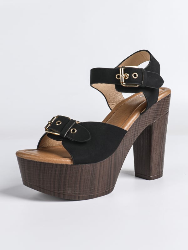 Σανδάλια με ανοιχτό δάχτυλο, μονή λουρί με αγκράφα, παχιά σόλα, chunky τακούνι (>8 cm), επάνω μέρος από τεχνητό δέρμα, Πάχος σόλας 4,5 cm