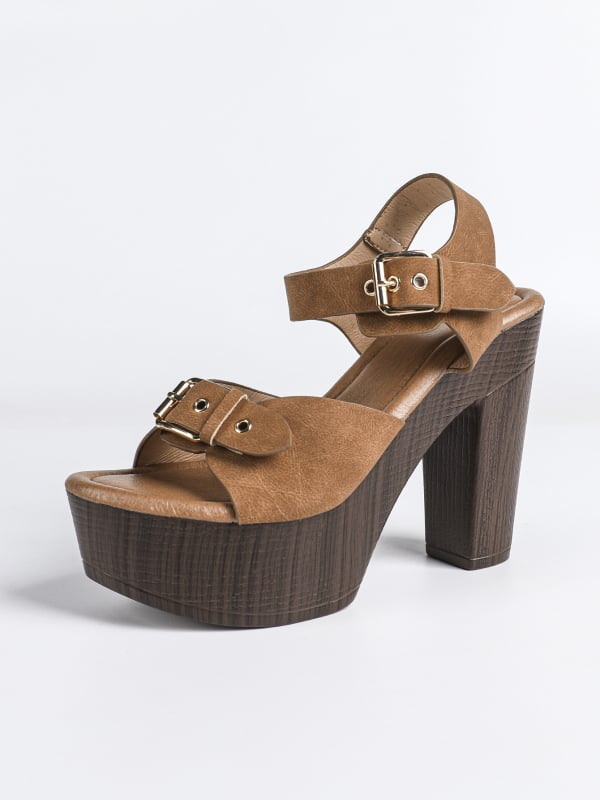 Σανδάλια με ανοιχτό δάχτυλο, μονή λουρί με αγκράφα, παχιά σόλα, chunky τακούνι (>8 cm), επάνω μέρος από τεχνητό δέρμα, Πάχος σόλας 4,5 cm