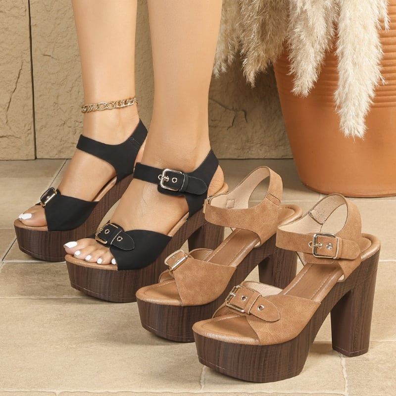 Σανδάλια με ανοιχτό δάχτυλο, μονή λουρί με αγκράφα, παχιά σόλα, chunky τακούνι (>8 cm), επάνω μέρος από τεχνητό δέρμα, Πάχος σόλας 4,5 cm