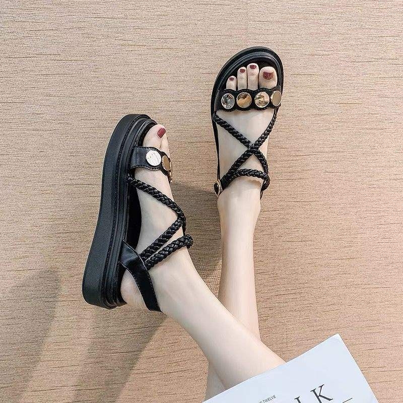 Γυναικείες Δερμάτινες Σανδάλια Καλοκαίρι 2026 – Καθημερινό Στυλ, Παχιά Σόλα, Γκλίτερ Διακοσμητικά, Καουτσούκ Σόλα, Εσωτερικό από Διπλό Χοιρινό Δέρμα