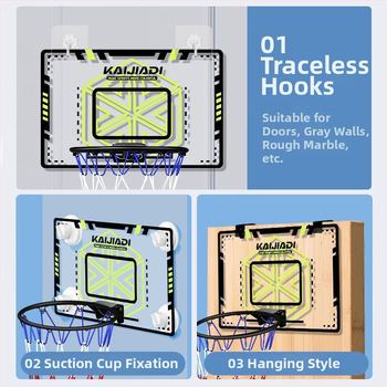 Coș de baschet cu panou pentru copii, montat pe perete – fără găuri, PVC, 0,5–3 kg, interior/exterior, silențios