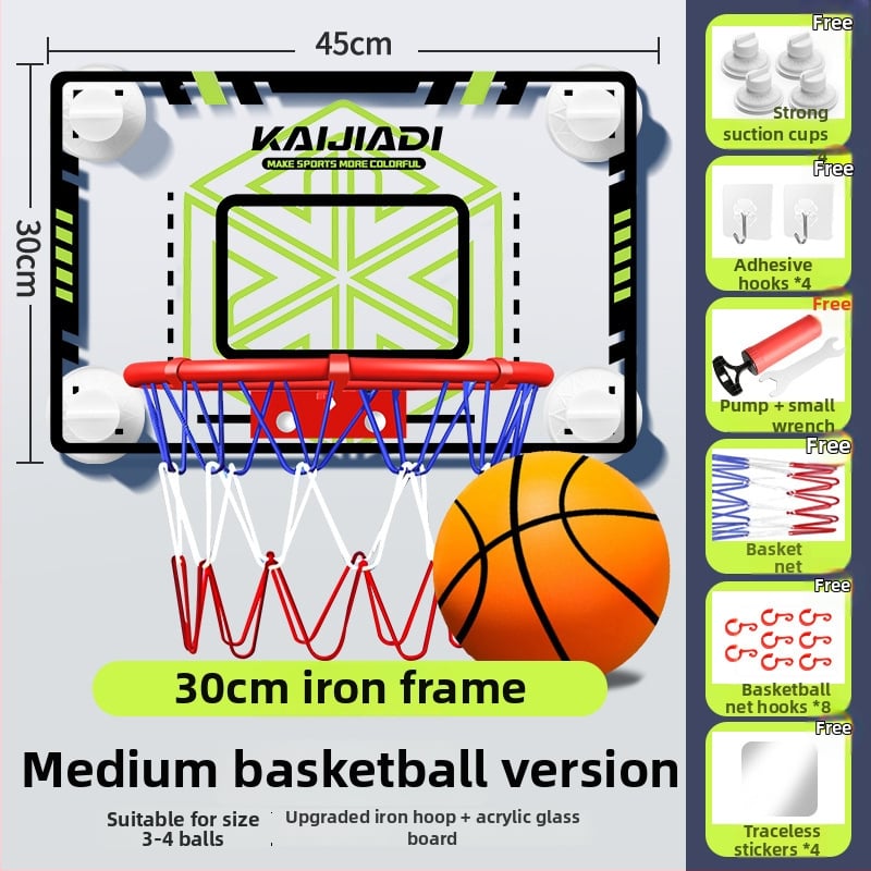Coș de baschet cu panou pentru copii, montat pe perete – fără găuri, PVC, 0,5–3 kg, interior/exterior, silențios