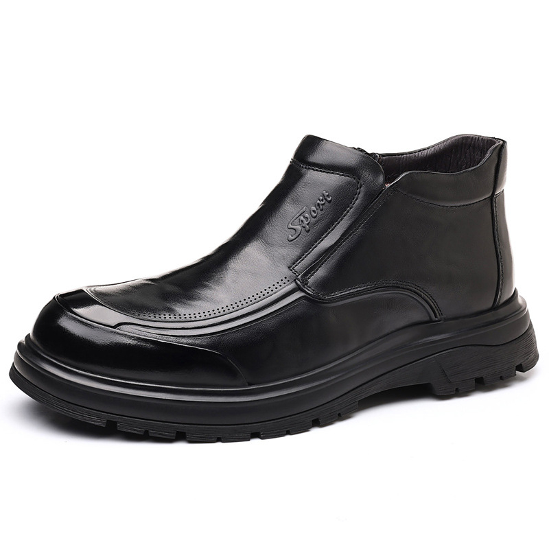 Első réteg marhabőrből készült papucs, gumírozott talppal, téli férfi otthoni cipő, kerek orrú