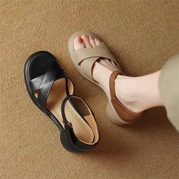 Γυναικείες σανδάλια με μία λουρίδα, ανοιχτό δάχτυλο, PU επάνω, φαρδύς τακούνι 3–6 cm, κούμπωμα με αγκράφα