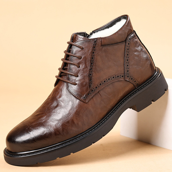 Férfi téli magas talpú papucs, brit stílusú plüss bélés, újrahasznosított bőr felsőrész, gumírozott talp, fűzővel ellátott, alacsony sarok, kerek orr