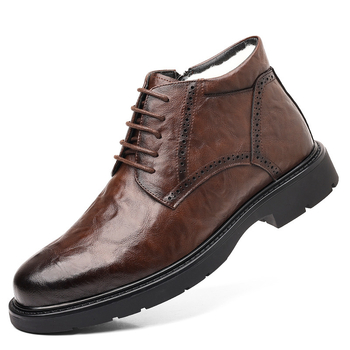 Férfi téli magas talpú papucs, brit stílusú plüss bélés, újrahasznosított bőr felsőrész, gumírozott talp, fűzővel ellátott, alacsony sarok, kerek orr