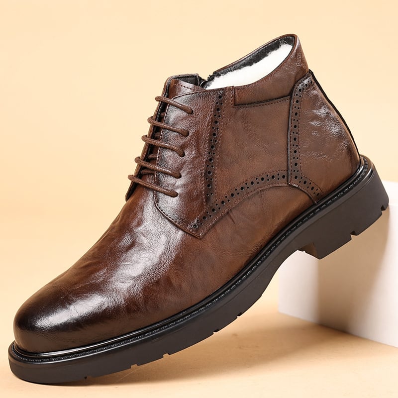 Férfi téli magas talpú papucs, brit stílusú plüss bélés, újrahasznosított bőr felsőrész, gumírozott talp, fűzővel ellátott, alacsony sarok, kerek orr