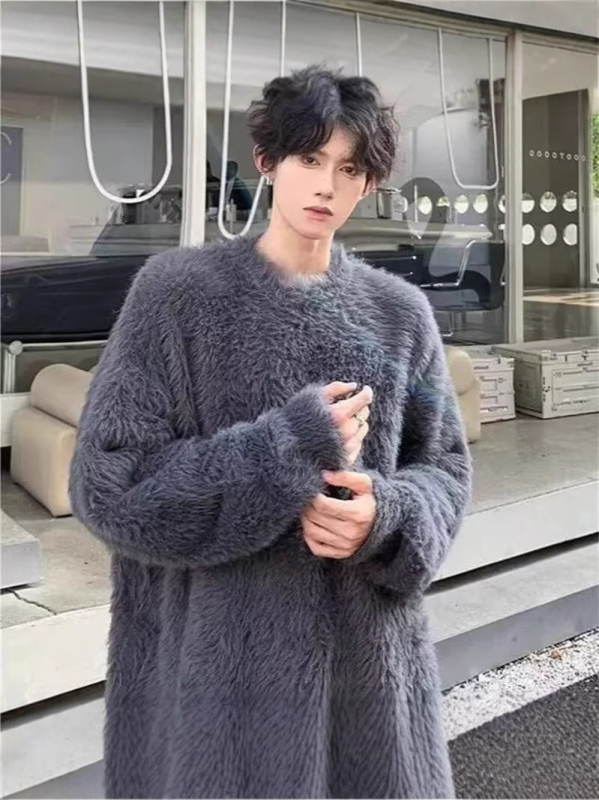 Pulover masculin din amestec de bumbac, cu dungi, guler rotund, croială lejeră, mâneci lungi, pentru toamnă și iarnă