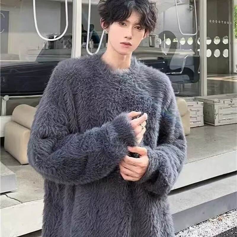 Pulover masculin din amestec de bumbac, cu dungi, guler rotund, croială lejeră, mâneci lungi, pentru toamnă și iarnă