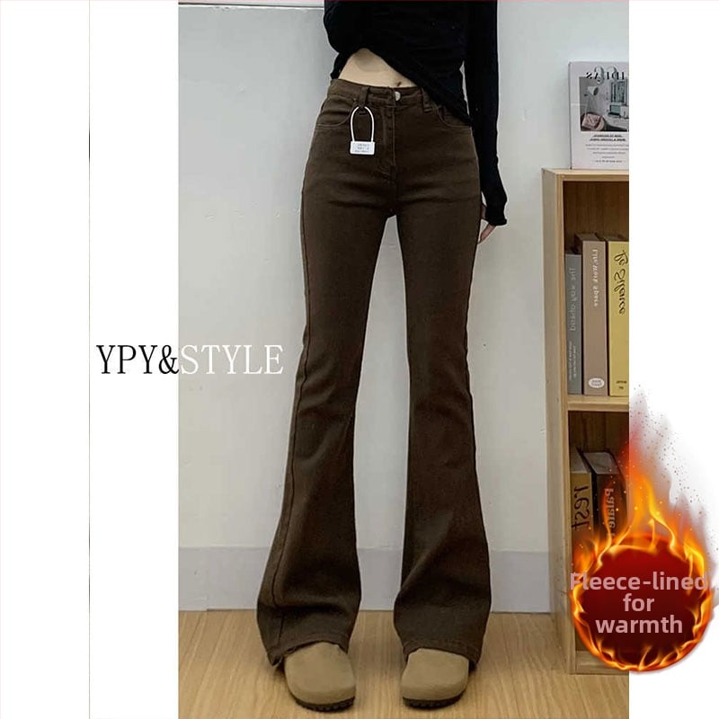 Jeanși cu siluetă micro-flare, denim cu căptușeală din fleece, talie înaltă, poliester 30–50%