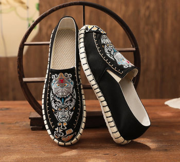 Pantofi bărbați din material textil, brodați, vârf rotund, slip-on, talpă moale, partea superioară din bumbac