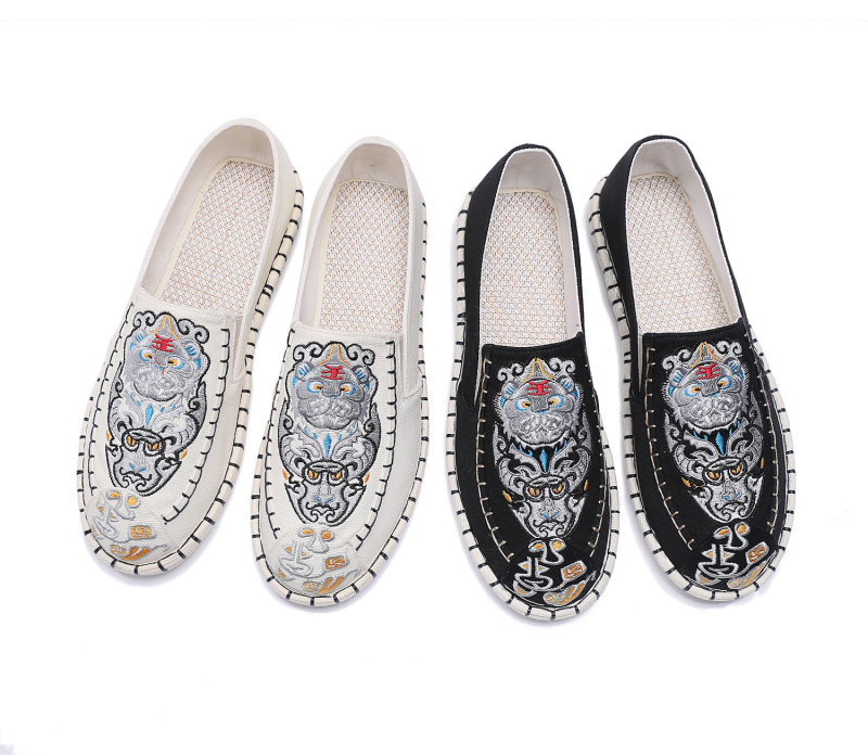 Pantofi bărbați din material textil, brodați, vârf rotund, slip-on, talpă moale, partea superioară din bumbac