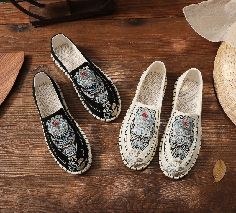 Pantofi bărbați din material textil, brodați, vârf rotund, slip-on, talpă moale, partea superioară din bumbac