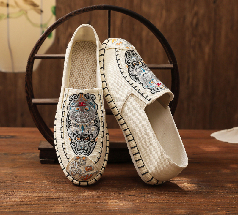 Pantofi bărbați din material textil, brodați, vârf rotund, slip-on, talpă moale, partea superioară din bumbac