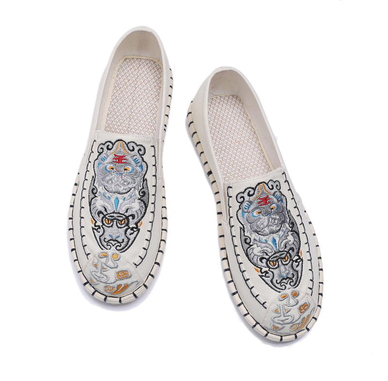 Pantofi bărbați din material textil, brodați, vârf rotund, slip-on, talpă moale, partea superioară din bumbac