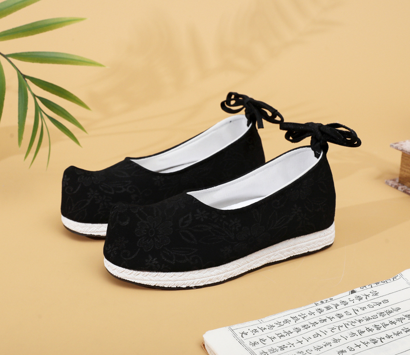 Pantofi bărbați Hanfu vintage Arch cu vârf ascuțit, partea superioară din bumbac, gleznă joasă, model în dungi, șiret la spate