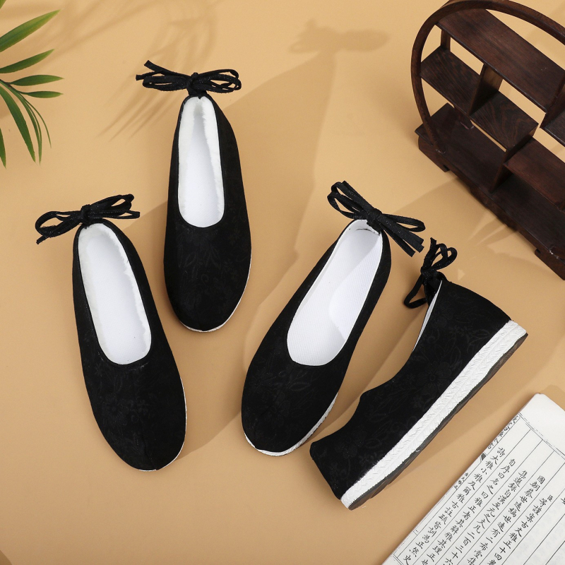 Pantofi bărbați Hanfu vintage Arch cu vârf ascuțit, partea superioară din bumbac, gleznă joasă, model în dungi, șiret la spate