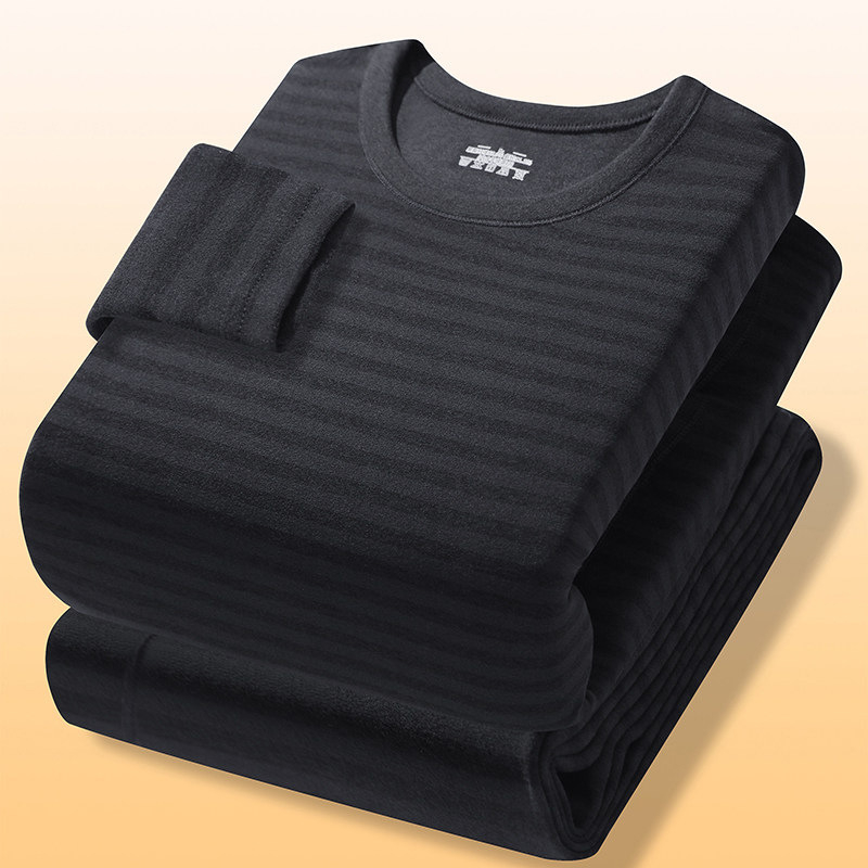 Unisex termalni set baznog sloja s prugama, gornji dio s okruglim izrezom i hlače, dvostruki sloj, 201-250 g/m², s velurom podstavom