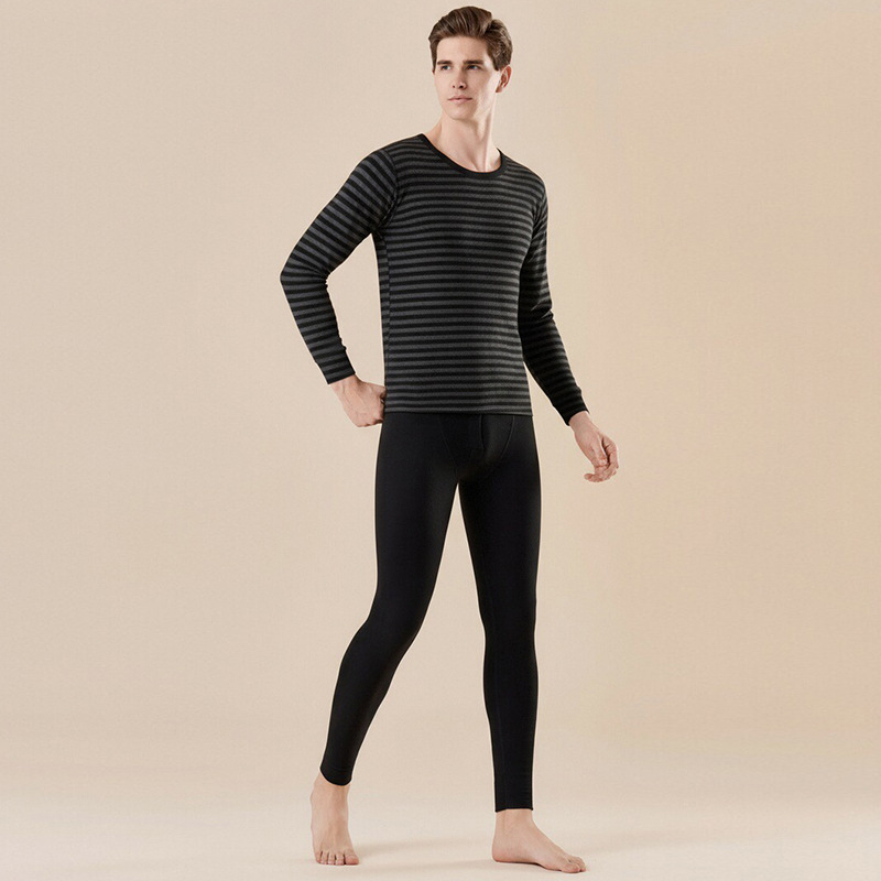Unisex termalni set baznog sloja s prugama, gornji dio s okruglim izrezom i hlače, dvostruki sloj, 201-250 g/m², s velurom podstavom