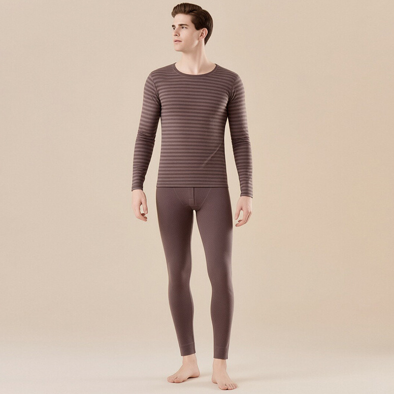 Unisex termalni set baznog sloja s prugama, gornji dio s okruglim izrezom i hlače, dvostruki sloj, 201-250 g/m², s velurom podstavom