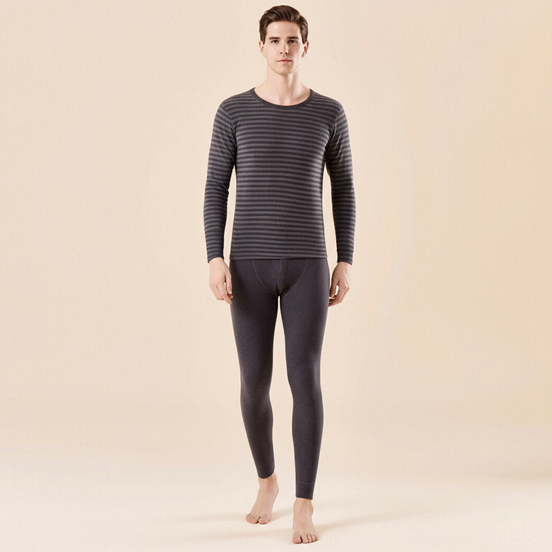 Unisex termalni set baznog sloja s prugama, gornji dio s okruglim izrezom i hlače, dvostruki sloj, 201-250 g/m², s velurom podstavom