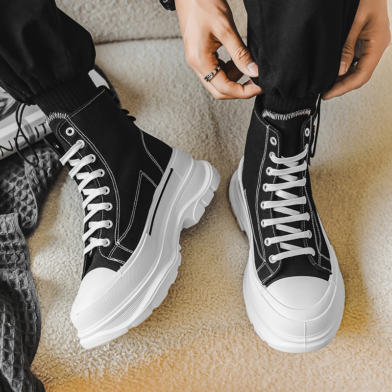 Pantofi de bărbați din pânză, înalți, talpa groasă din cauciuc, 3-5 cm înălțime, partea superioară din pânză, șireturi, interior din plasă