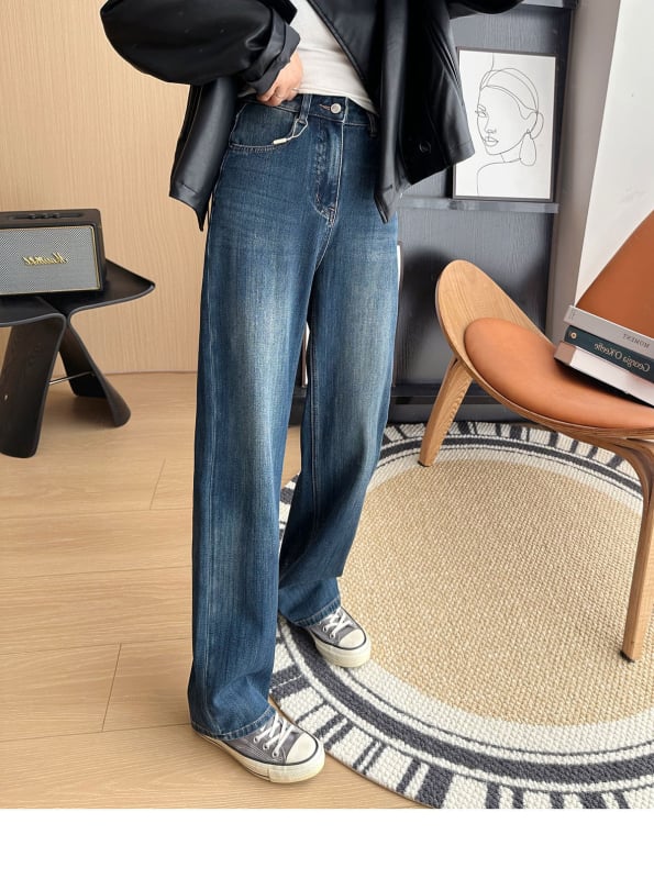 Jeans din denim cu talie înaltă, croială largă, cu elasticitate în patru direcții, din bumbac-elastan, cu uzură