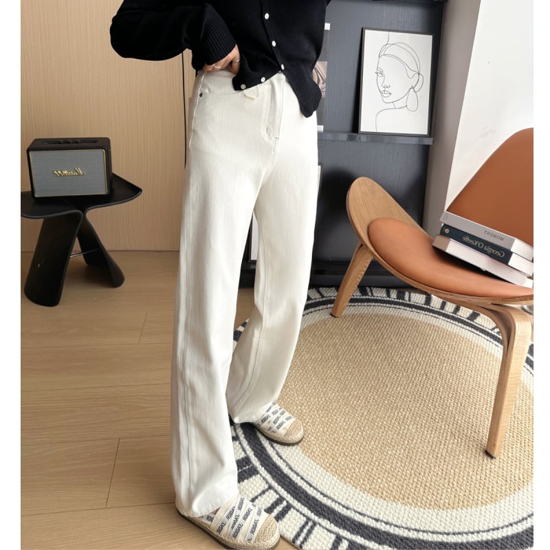 Jeans din denim cu talie înaltă, croială largă, cu elasticitate în patru direcții, din bumbac-elastan, cu uzură