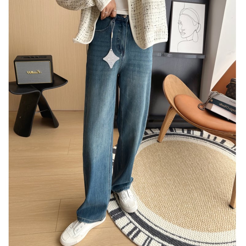 Jeans din denim cu talie înaltă, croială largă, cu elasticitate în patru direcții, din bumbac-elastan, cu uzură