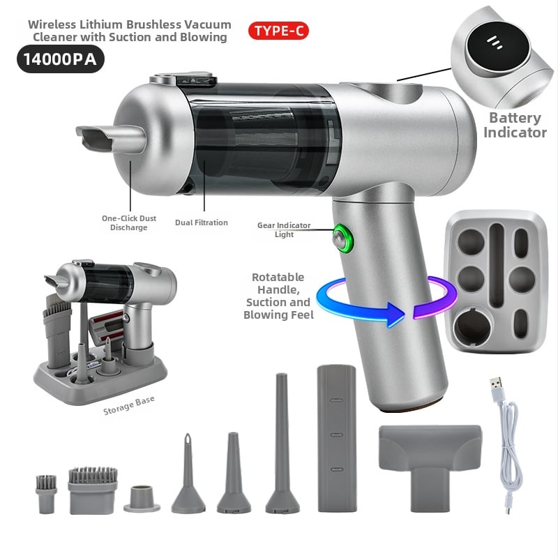 Aspirator portabil fără fir cu motor brushless, 11.1V, 120W, 20000 Pa, autonomie 40 min, zgomot 78 dB, pentru casă și mașină, reîncărcabil