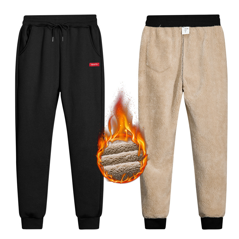 Muške zimske casual hlače s fleece podstavom od janjeće vune, srednji pojas, vezanje šnoru, poliester, ravni kroj
