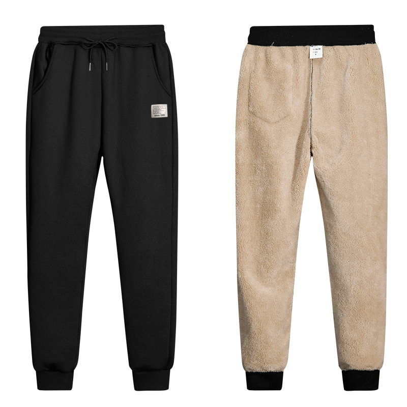 Muške zimske casual hlače s fleece podstavom od janjeće vune, srednji pojas, vezanje šnoru, poliester, ravni kroj
