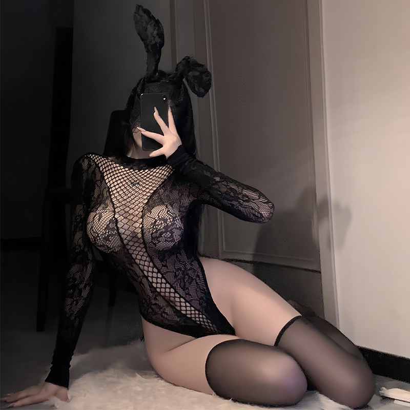 Feimu hálós jacquard hosszú ujjú body harisnyával – kivágott részlet