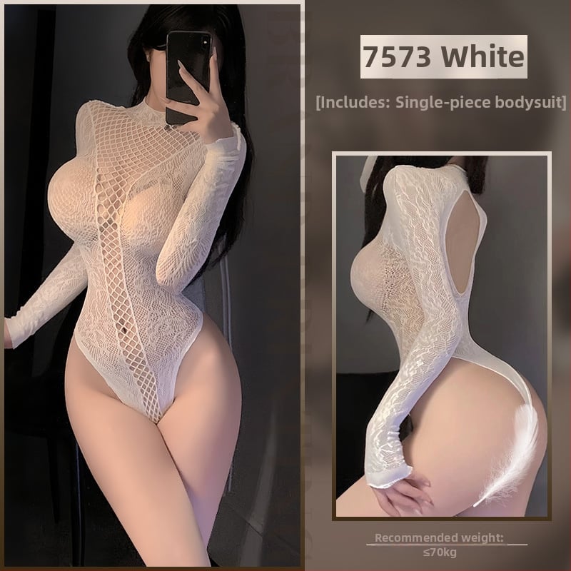 Feimu hálós jacquard hosszú ujjú body harisnyával – kivágott részlet