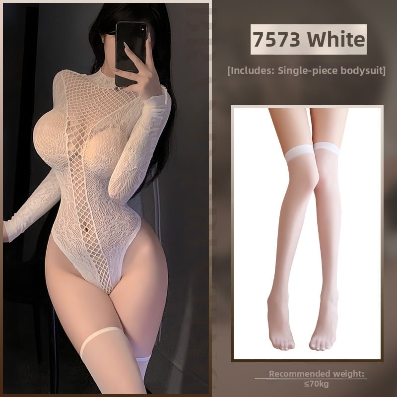 Feimu hálós jacquard hosszú ujjú body harisnyával – kivágott részlet