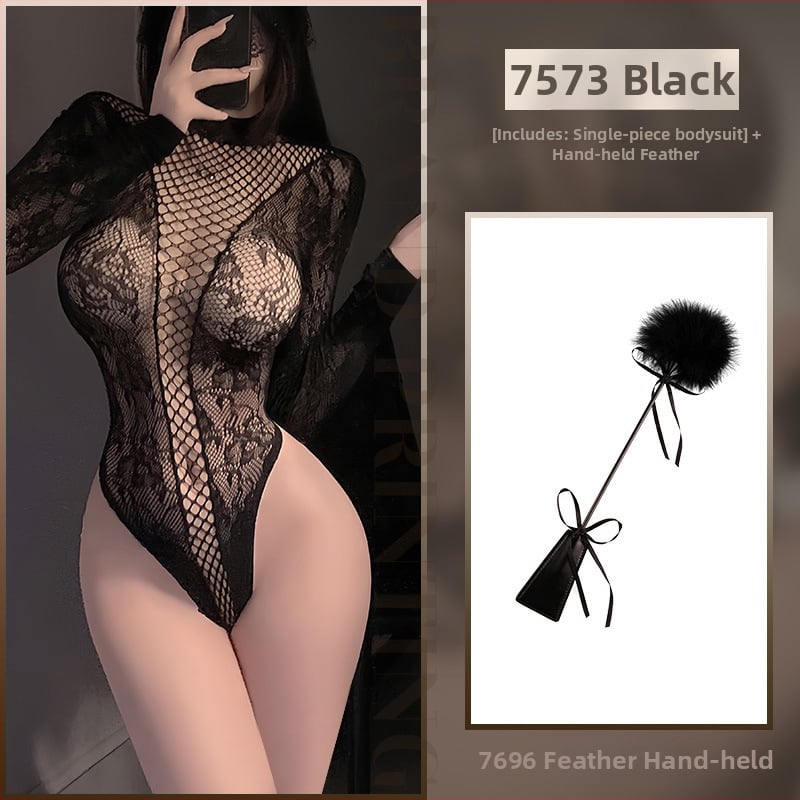 Feimu hálós jacquard hosszú ujjú body harisnyával – kivágott részlet