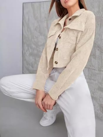 Cardigan casual pentru femei din corduroy, poliester + spandex, model dungi/plaid, guler polo, lungime scurtă