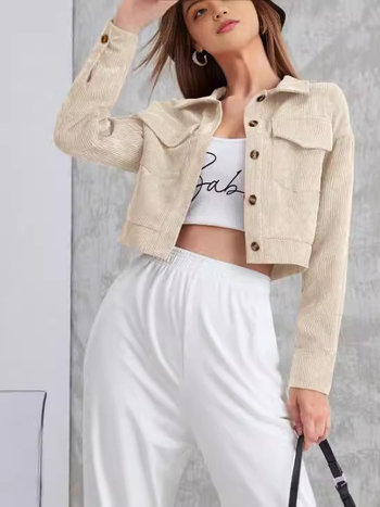 Cardigan casual pentru femei din corduroy, poliester + spandex, model dungi/plaid, guler polo, lungime scurtă