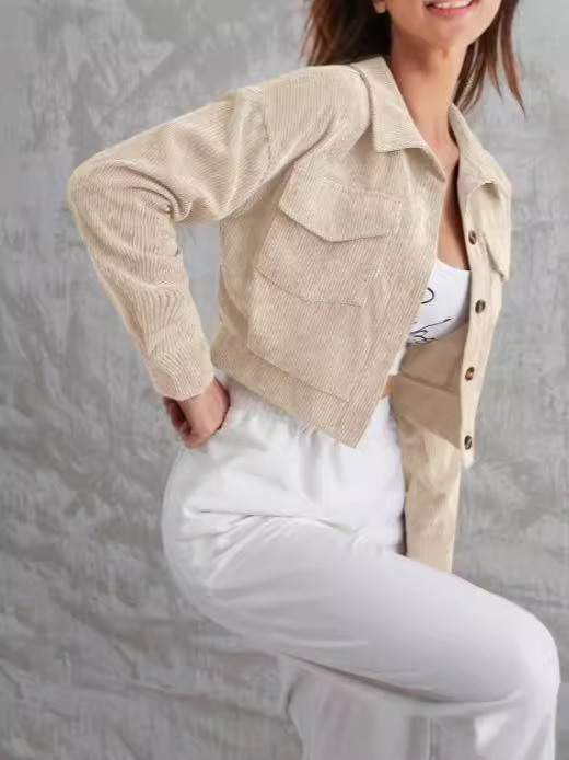 Cardigan casual pentru femei din corduroy, poliester + spandex, model dungi/plaid, guler polo, lungime scurtă