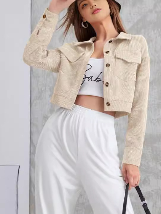 Cardigan casual pentru femei din corduroy, poliester + spandex, model dungi/plaid, guler polo, lungime scurtă