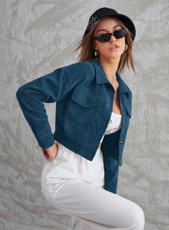 Cardigan casual pentru femei din corduroy, poliester + spandex, model dungi/plaid, guler polo, lungime scurtă