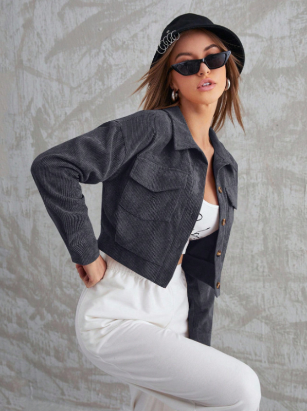 Cardigan casual pentru femei din corduroy, poliester + spandex, model dungi/plaid, guler polo, lungime scurtă