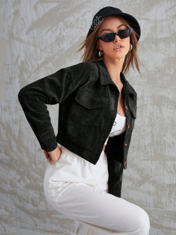 Cardigan casual pentru femei din corduroy, poliester + spandex, model dungi/plaid, guler polo, lungime scurtă