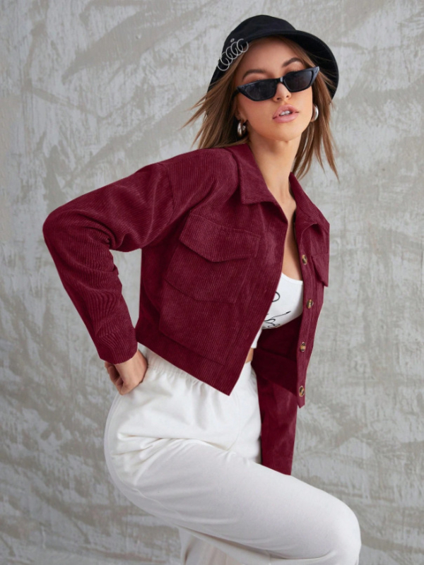 Cardigan casual pentru femei din corduroy, poliester + spandex, model dungi/plaid, guler polo, lungime scurtă