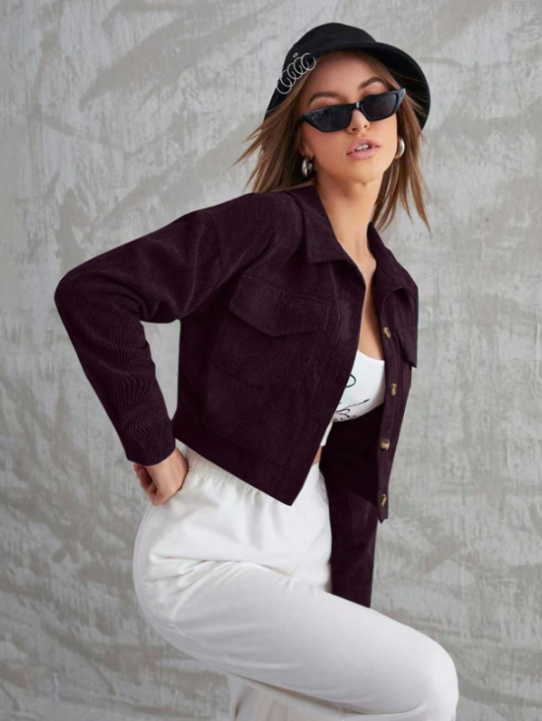 Cardigan casual pentru femei din corduroy, poliester + spandex, model dungi/plaid, guler polo, lungime scurtă