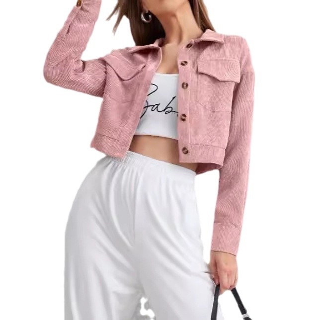 Cardigan casual pentru femei din corduroy, poliester + spandex, model dungi/plaid, guler polo, lungime scurtă