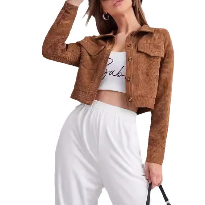 Cardigan casual pentru femei din corduroy, poliester + spandex, model dungi/plaid, guler polo, lungime scurtă